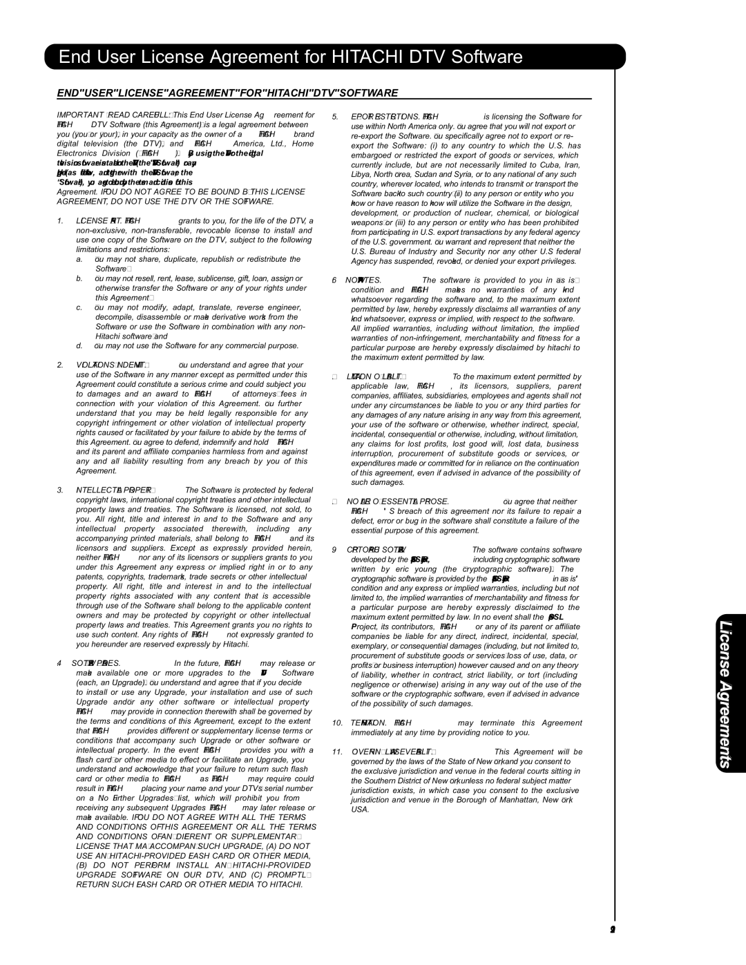 Hitachi L42S601 important safety instructions End User License Agreement for Hitachi DTV Software, License Agreements 