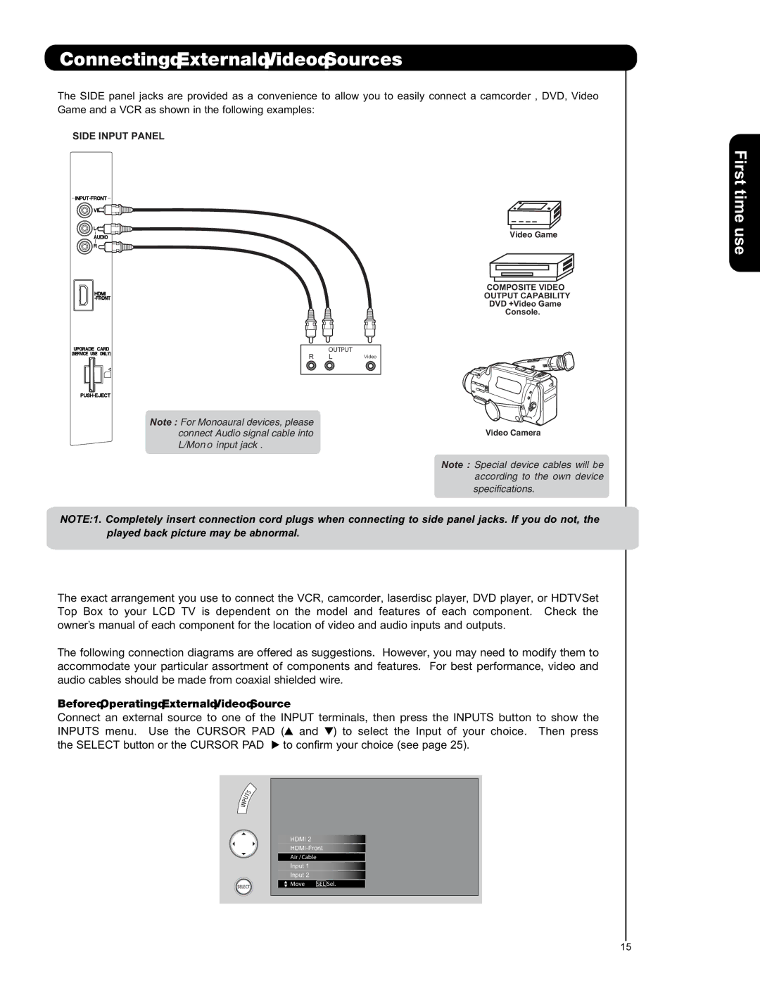 Hitachi L42S601 important safety instructions Before Operating External Video Source 