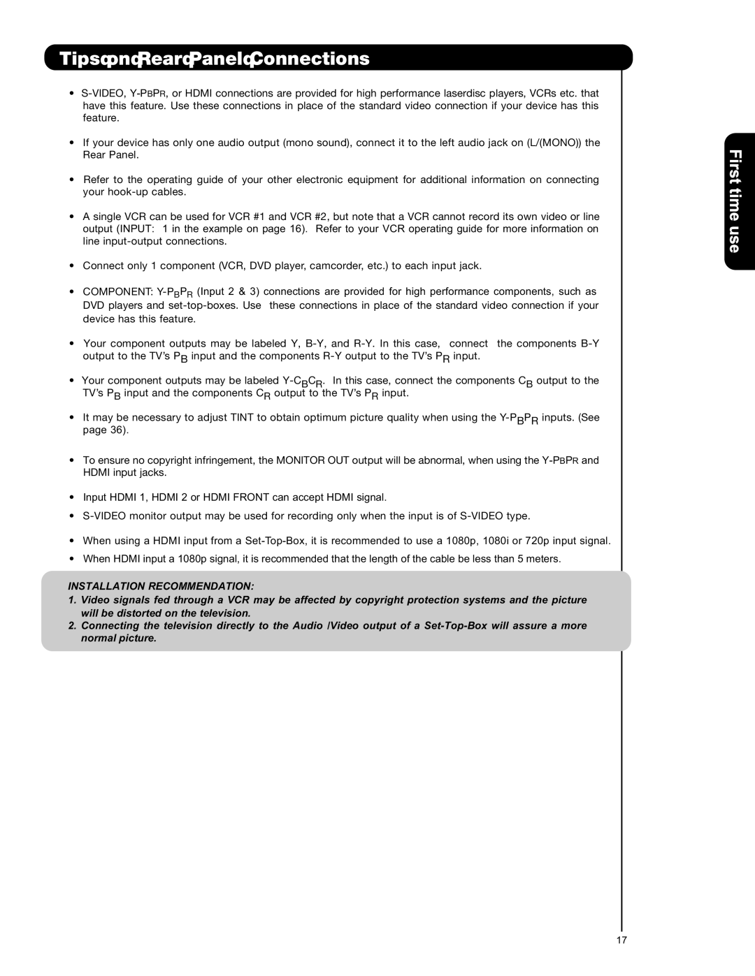 Hitachi L42S601 important safety instructions Tips on Rear Panel Connections, Installation Recommendation 