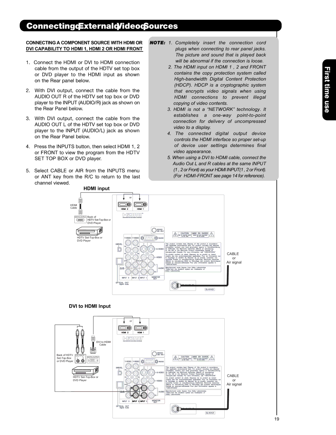 Hitachi L42S601 important safety instructions Hdmi input 