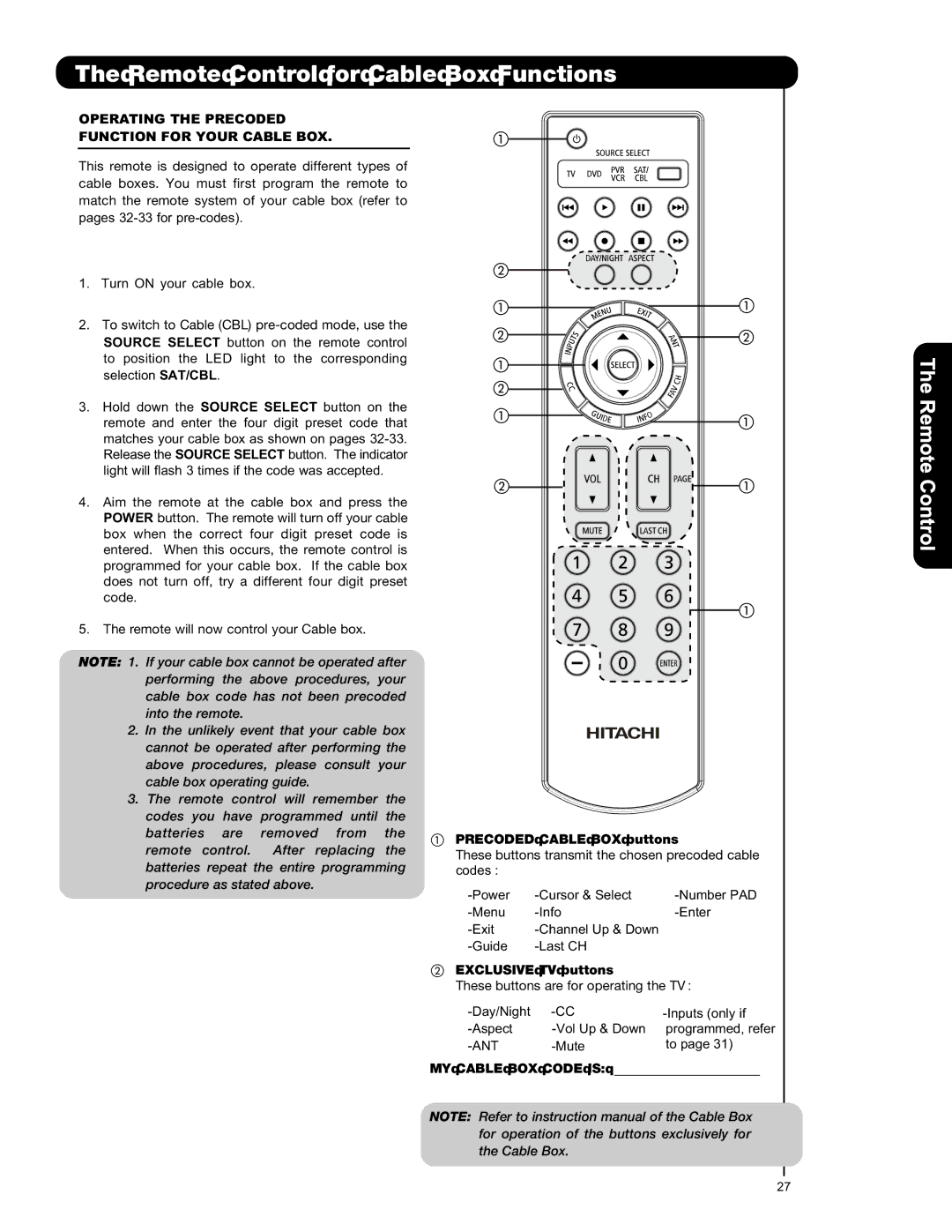 Hitachi L42S601 Remote Control for Cable Box Functions, Operating the Precoded Function for Your Cable BOX 