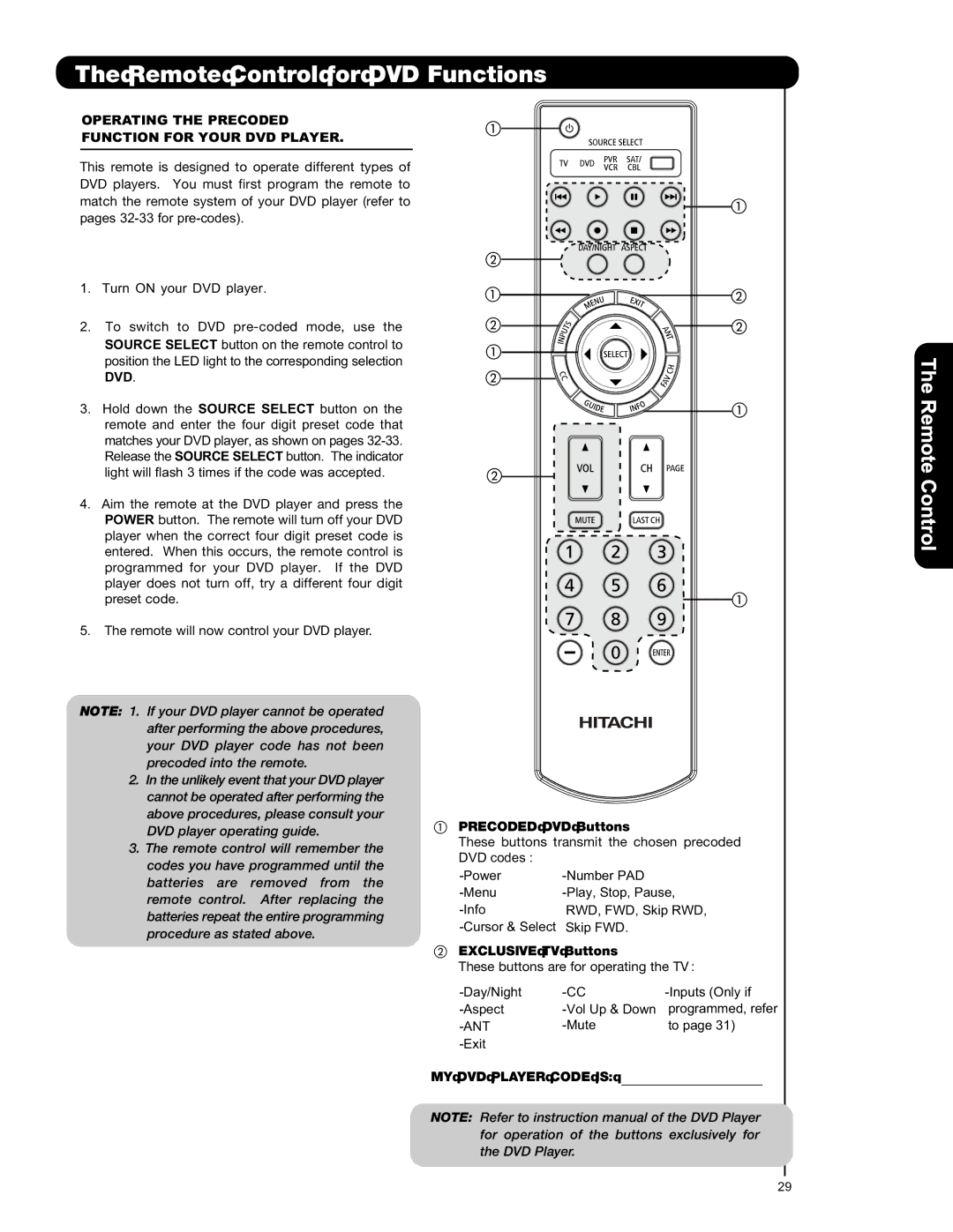 Hitachi L42S601 Remote Control for DVD Functions, Operating the Precoded Function for Your DVD Player 