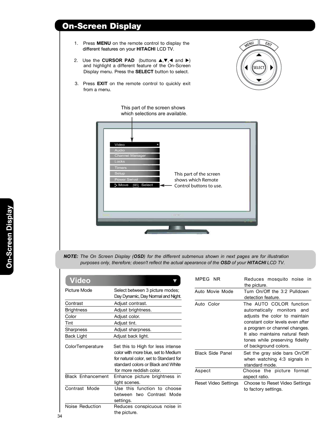 Hitachi L42S601 important safety instructions On-Screen Display, Different features on your Hitachi LCD TV 