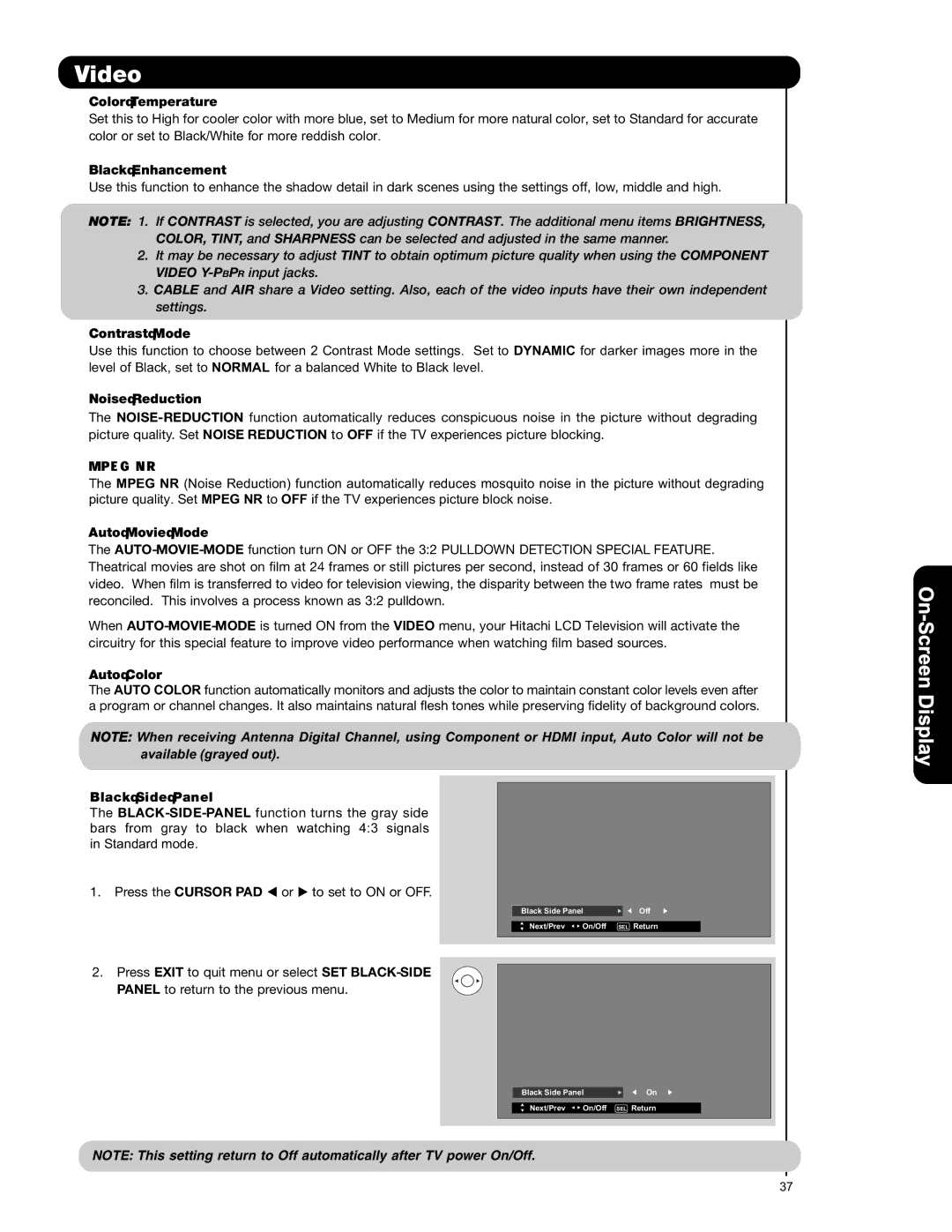 Hitachi L42S601 Color Temperature, Black Enhancement, Contrast Mode, Noise Reduction, Auto Movie Mode, Auto Color 