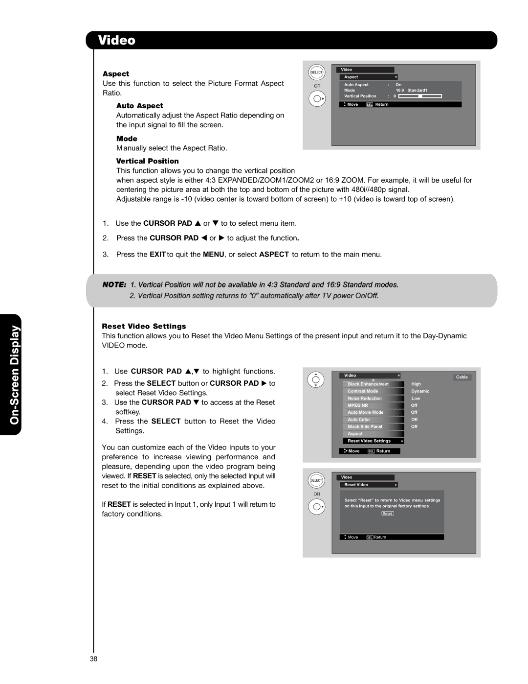 Hitachi L42S601 important safety instructions Auto Aspect, Mode, Vertical Position, Reset Video Settings 