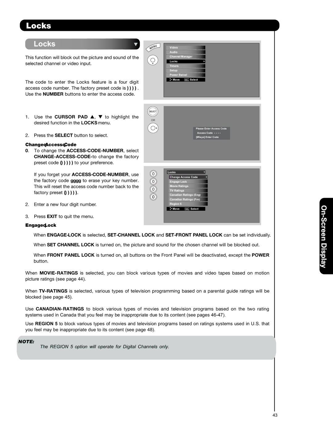 Hitachi L42S601 important safety instructions Locks, Change Access Code, Engage Lock 