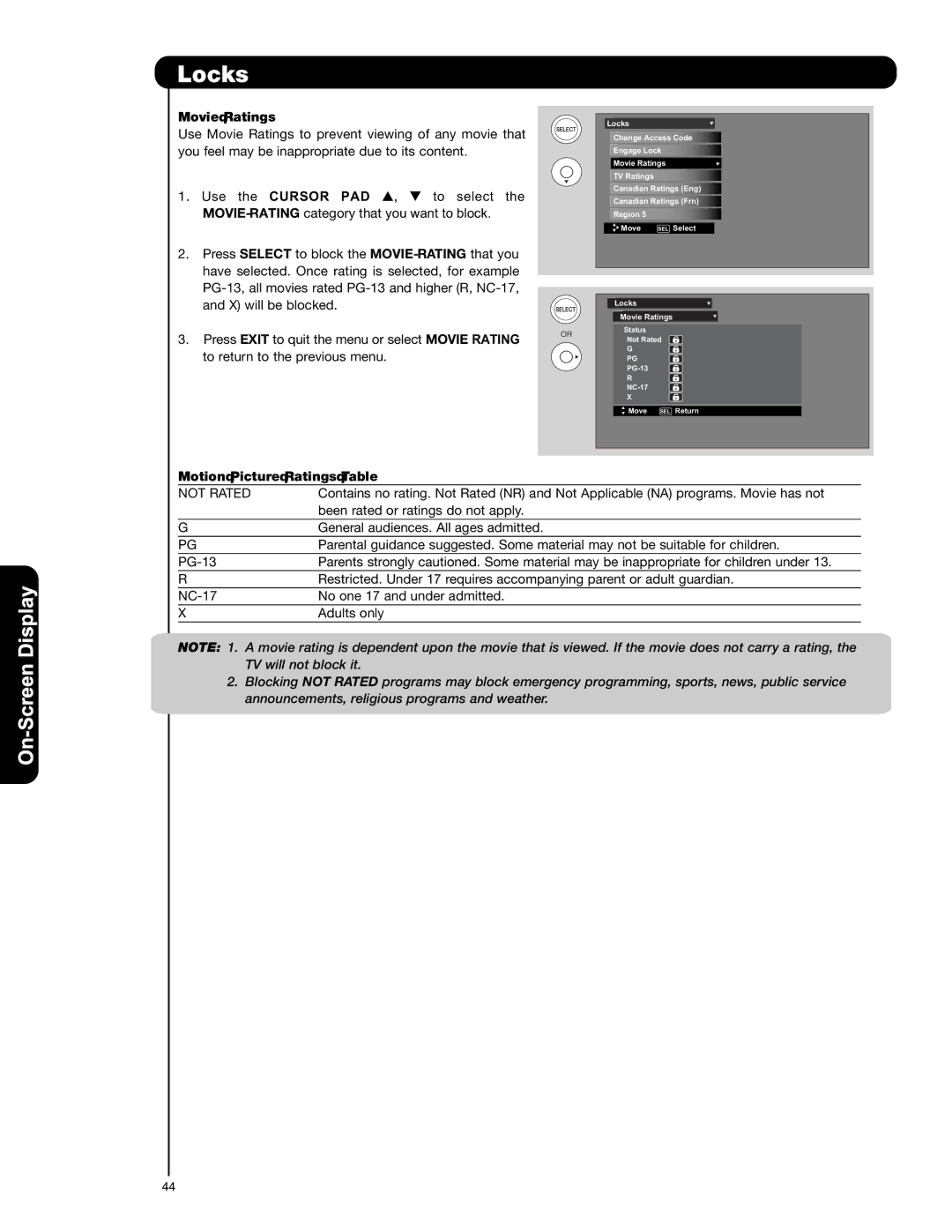 Hitachi L42S601 important safety instructions Movie Ratings, Motion Picture Ratings Table 