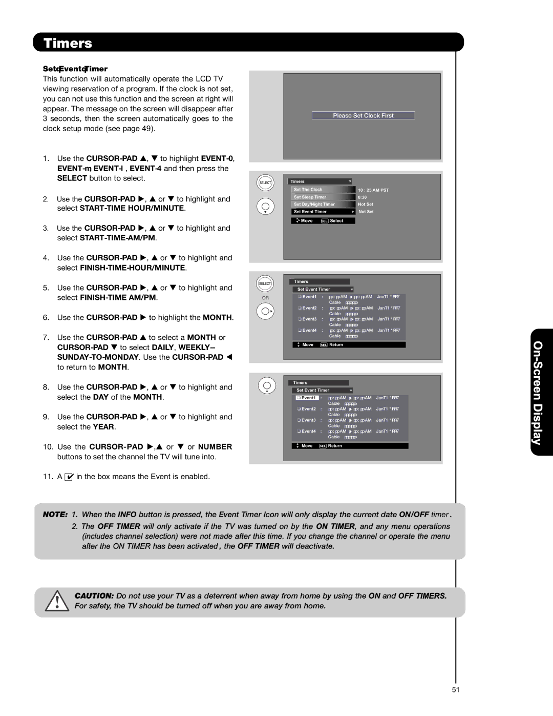 Hitachi L42S601 important safety instructions Set Event Timer, Please Set Clock First 