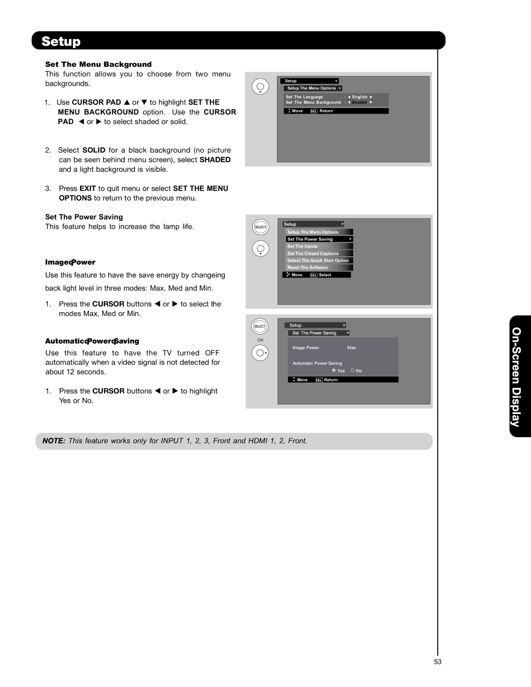 Hitachi L42S601 Set The Menu Background, Set The Power Saving, Image Power, Automatic Power Saving 