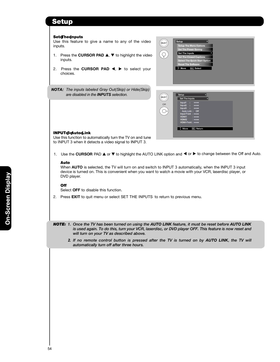 Hitachi L42S601 important safety instructions Set The Inputs, Input 3 Auto Link, Off 