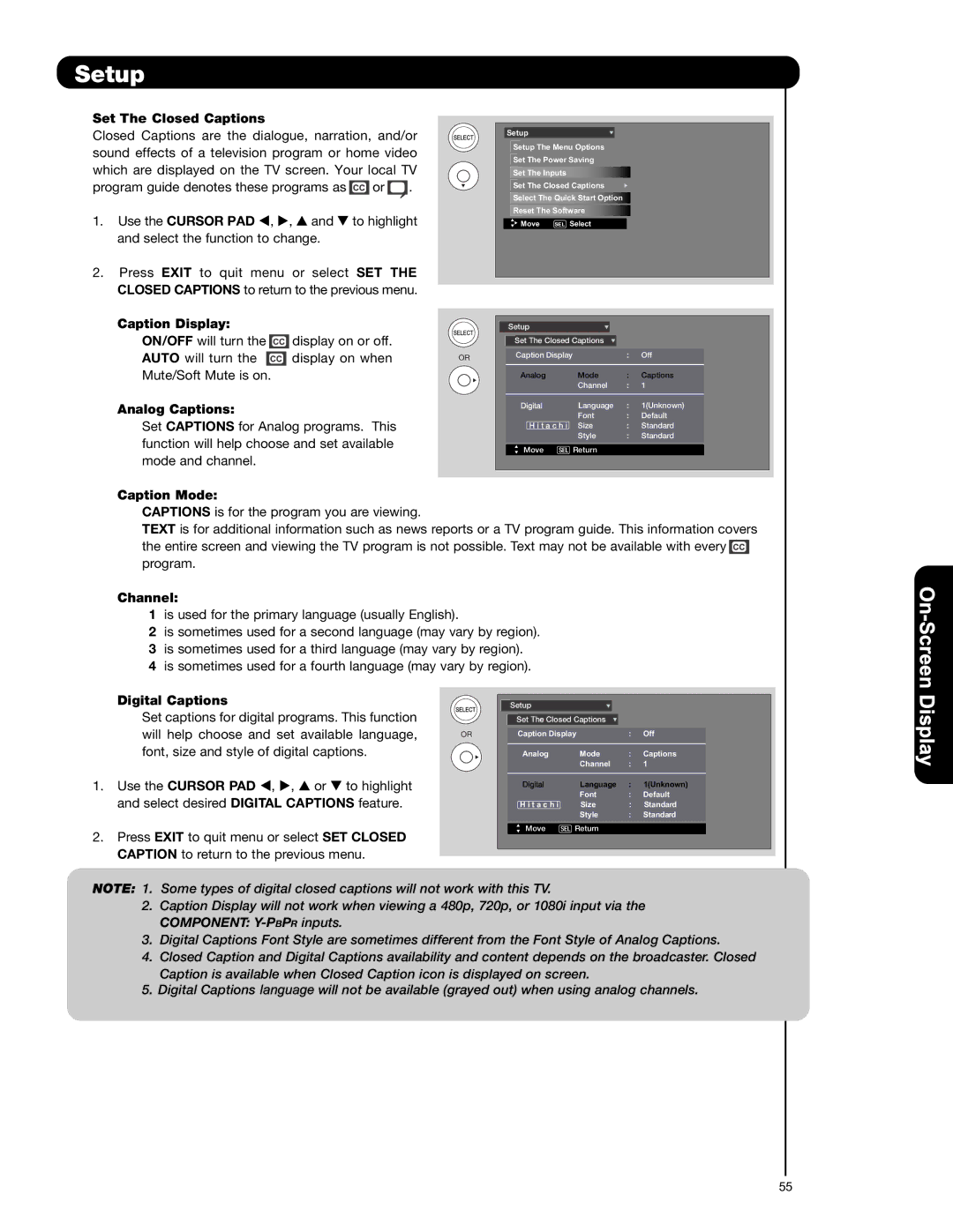 Hitachi L42S601 Set The Closed Captions, Caption Display, Analog Captions, Caption Mode, Channel, Digital Captions 