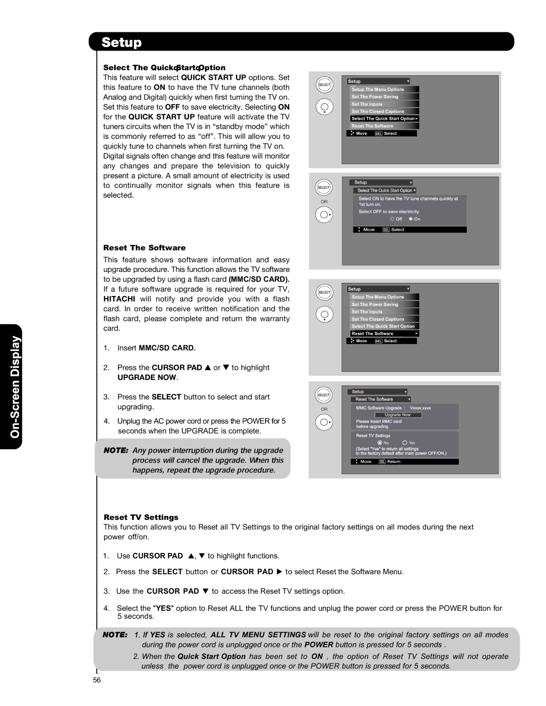 Hitachi L42S601 Select The Quick Start Option, Reset The Software, Insert MMC/SD Card, Upgrade NOW, Reset TV Settings 