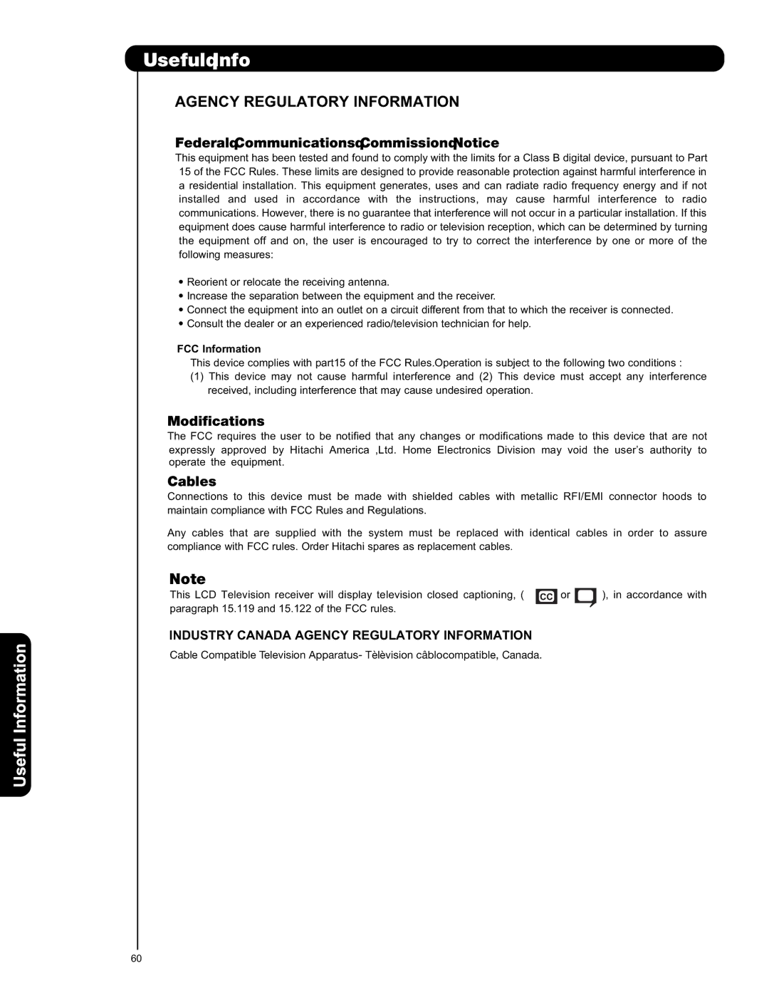 Hitachi L42S601 important safety instructions Useful Info, FCC Information 