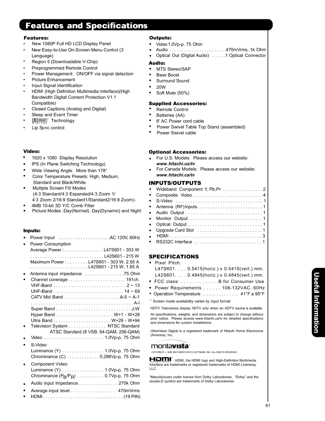 Hitachi L42S601 important safety instructions Inputs/Outputs 