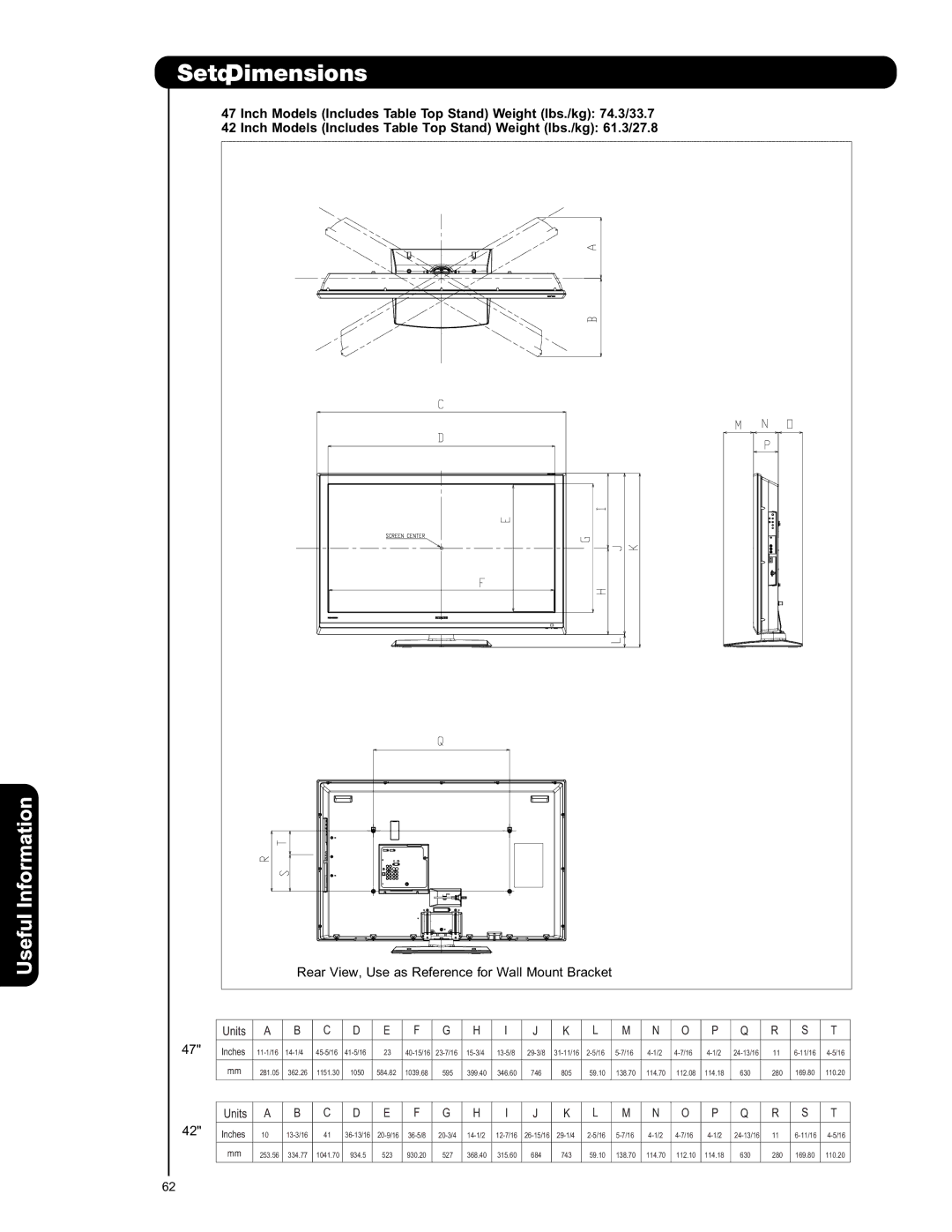 Hitachi L42S601 important safety instructions Set Dimensions, Rear View, Use as Reference for Wall Mount Bracket 