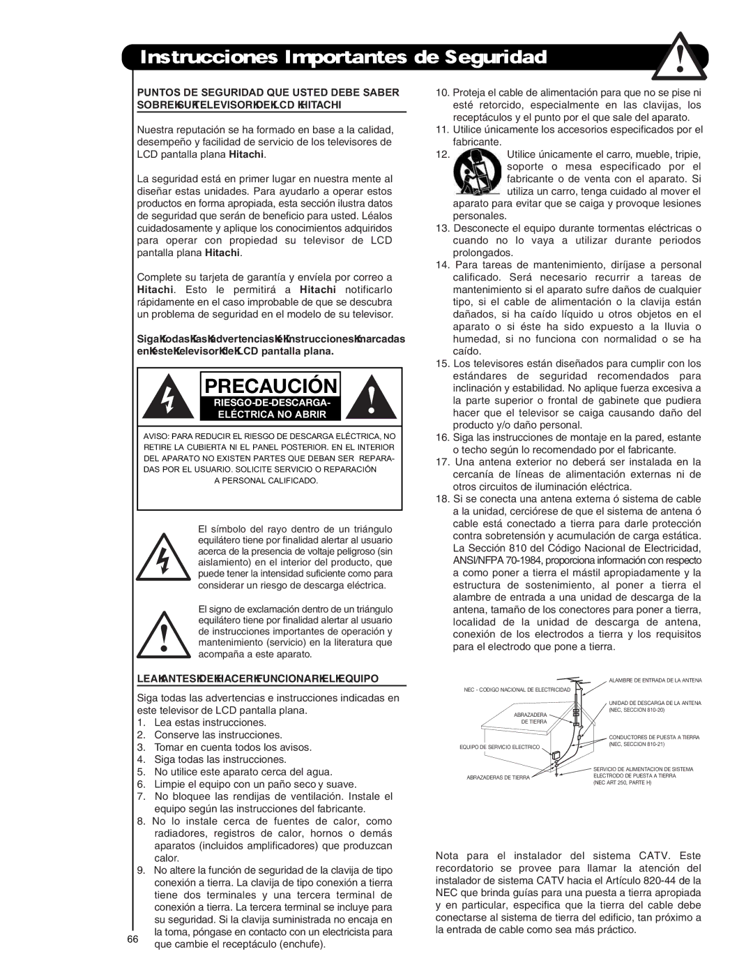 Hitachi L42S601 important safety instructions Precaución 