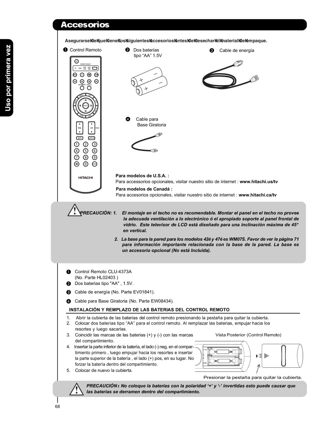 Hitachi L42S601 important safety instructions Uso por primera vez, Para modelos de U.S.A Para modelos de Canadá 