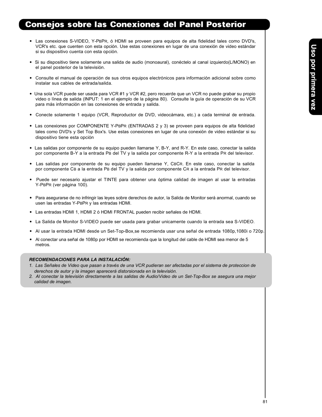 Hitachi L42S601 important safety instructions Recomendaciones Para LA Instalación 