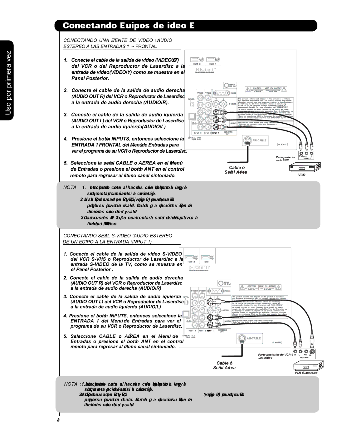 Hitachi L42S601 important safety instructions Cable ó Señal Aérea 