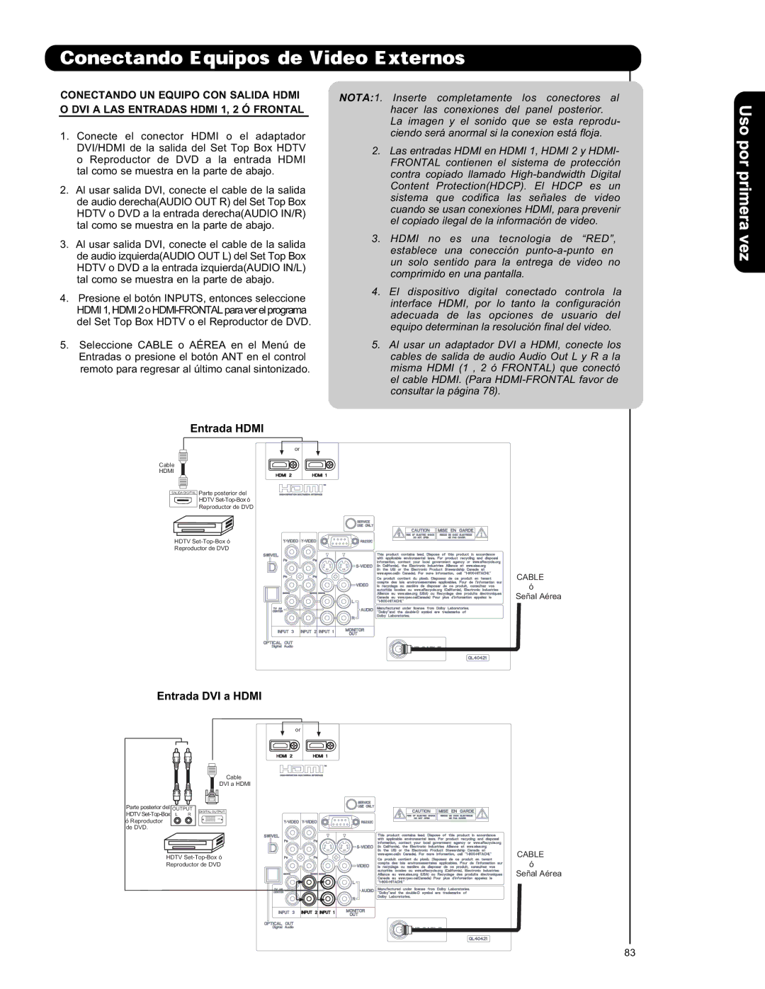 Hitachi L42S601 important safety instructions Entrada Hdmi 