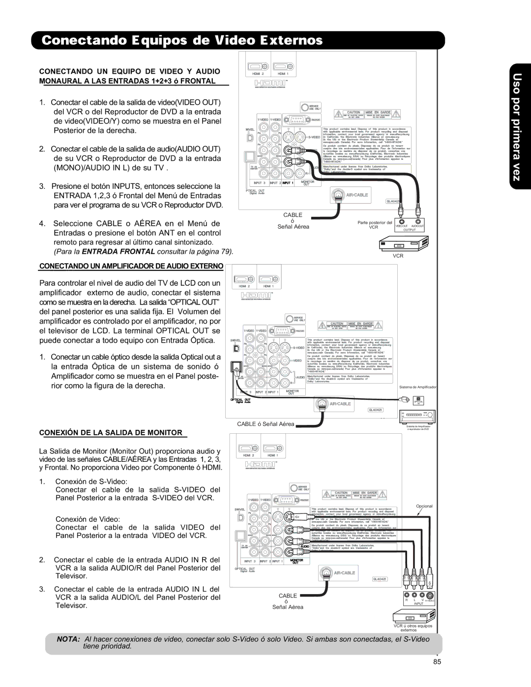 Hitachi L42S601 important safety instructions Conectando UN Amplificador DE Audio Externo, Conexión DE LA Salida DE Monitor 