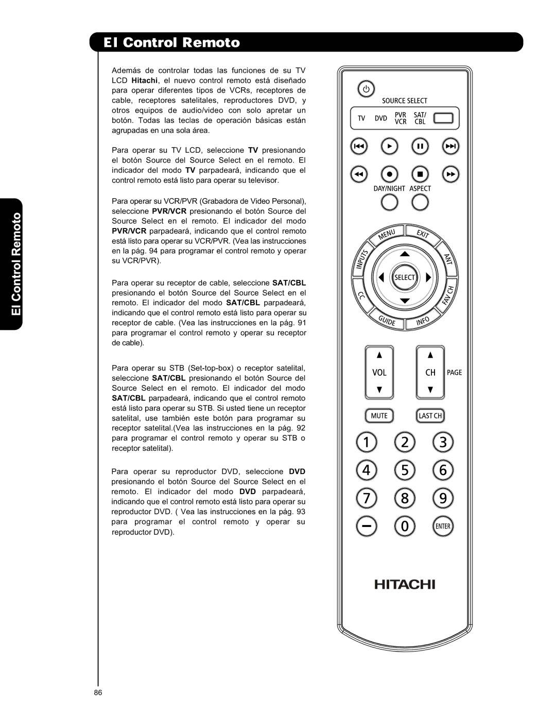 Hitachi L42S601 important safety instructions El Control Remoto 