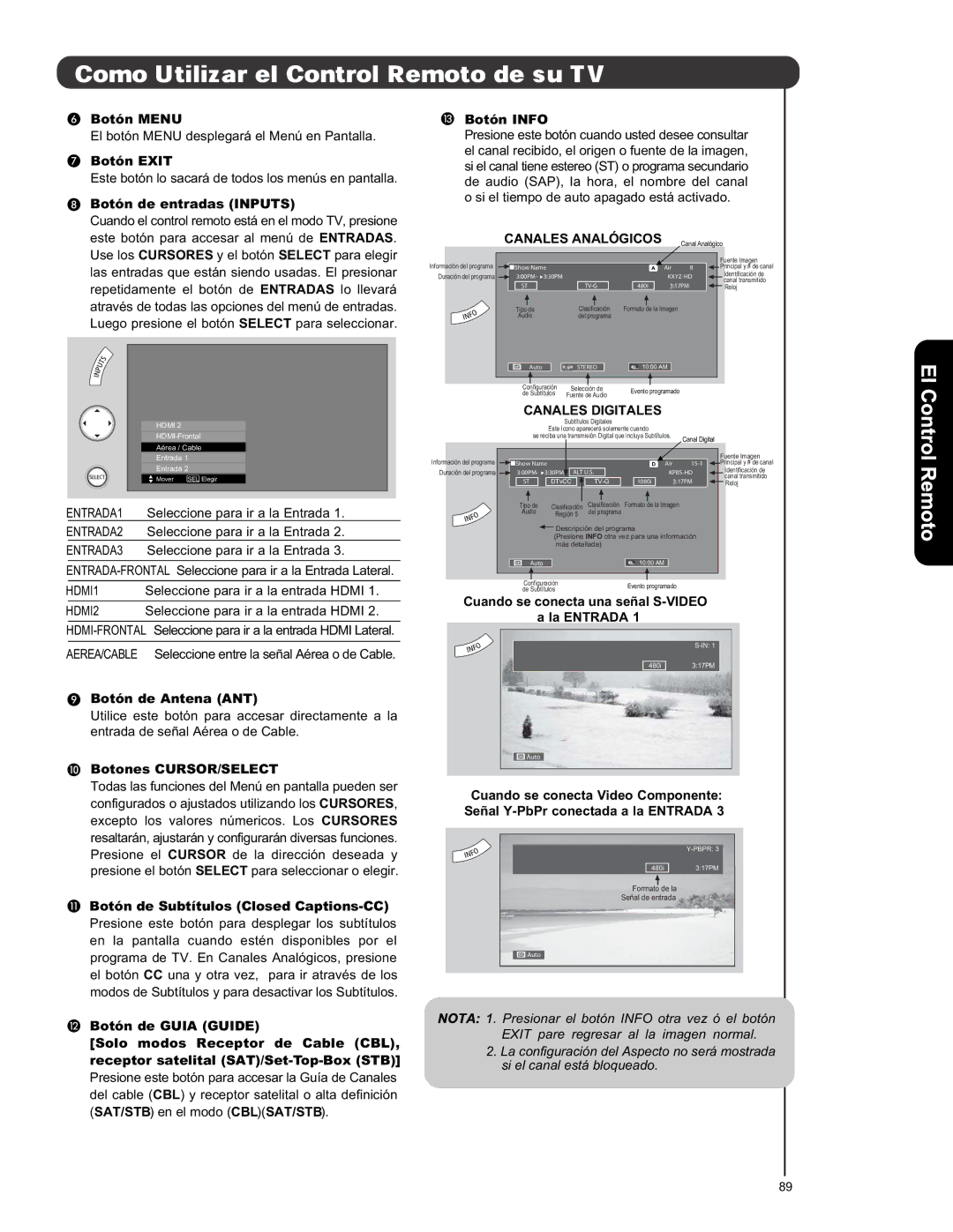 Hitachi L42S601 important safety instructions Canales Digitales 