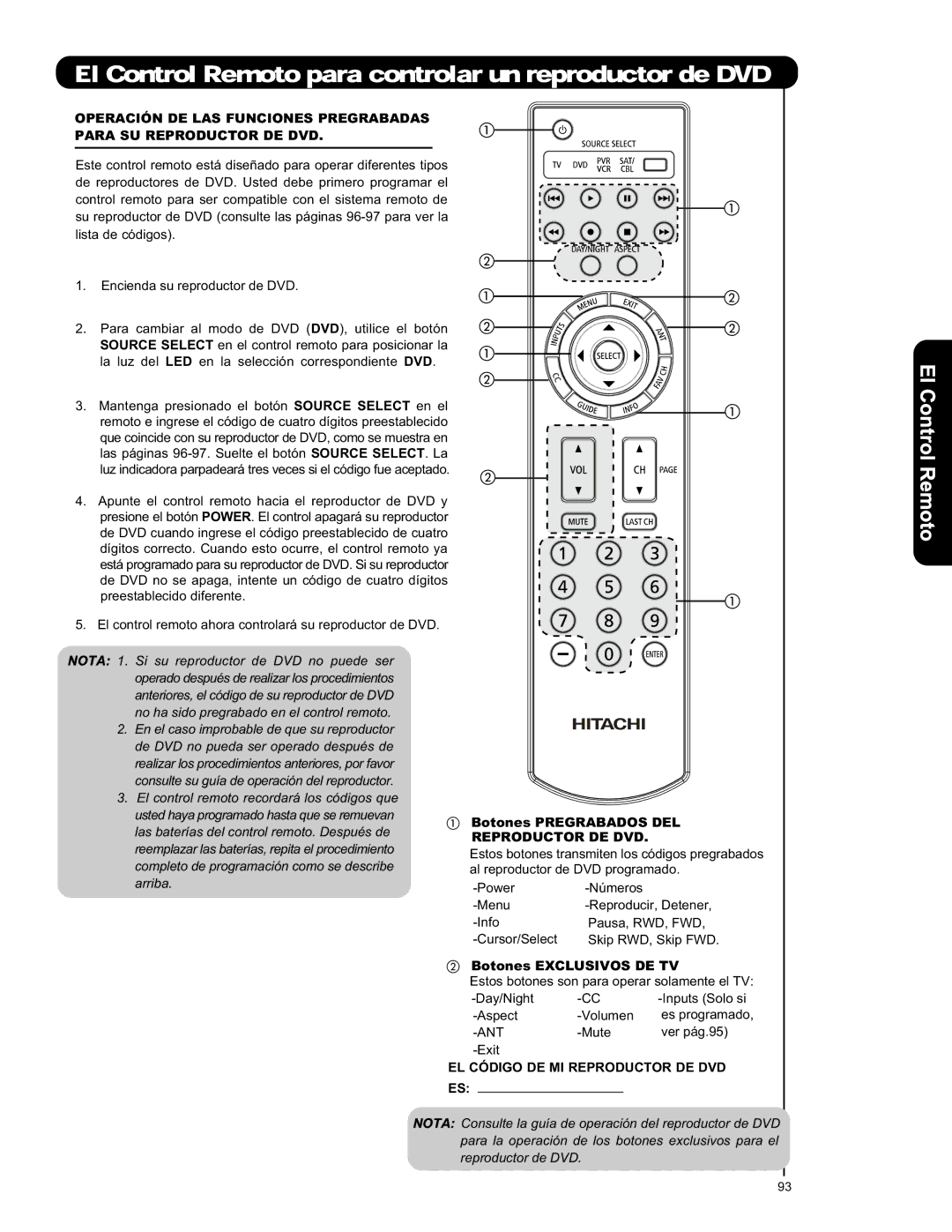 Hitachi L42S601 important safety instructions Reproductor DE DVD 