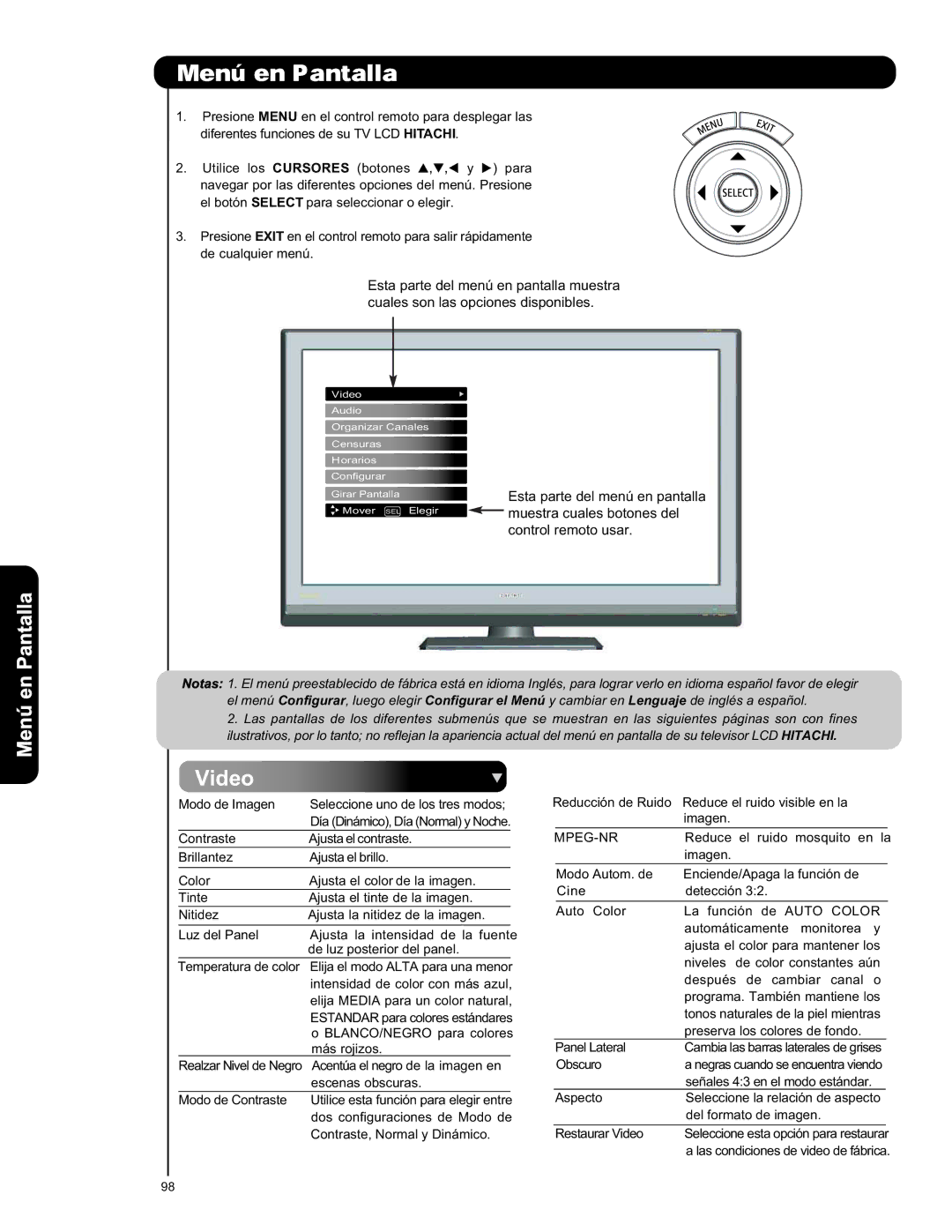 Hitachi L42S601 important safety instructions Menú en Pantalla, Control remoto usar 