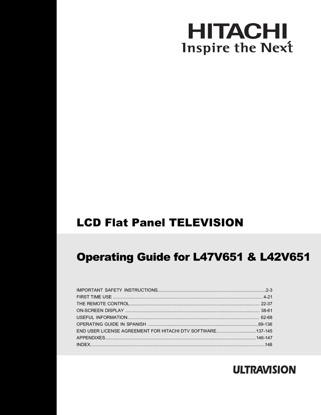 Hitachi L47V651, L42V651 important safety instructions LCD Flat Panel Television 