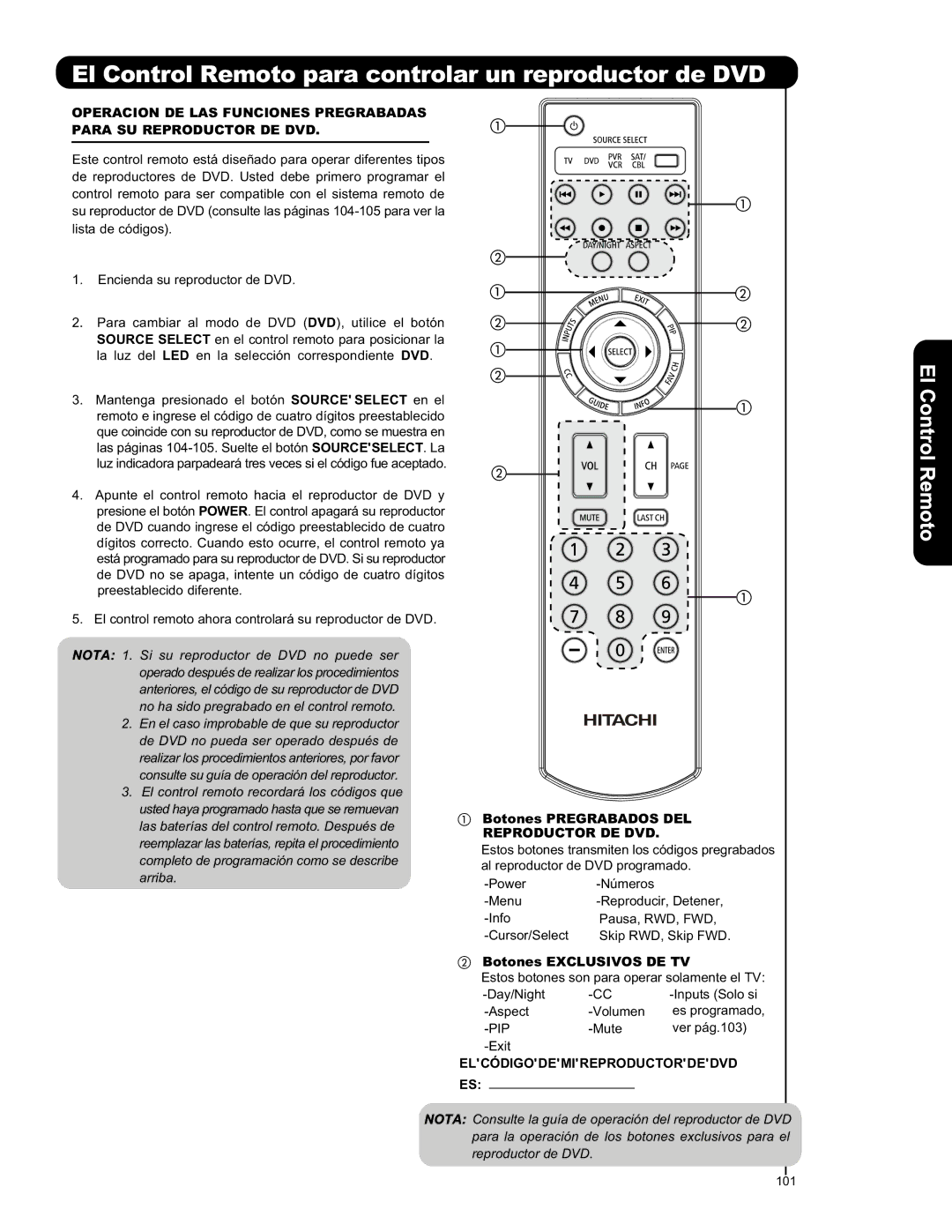 Hitachi L47V651 El Control Remoto para controlar un reproductor de DVD, Botones Pregrabados DEL Reproductor DE DVD 