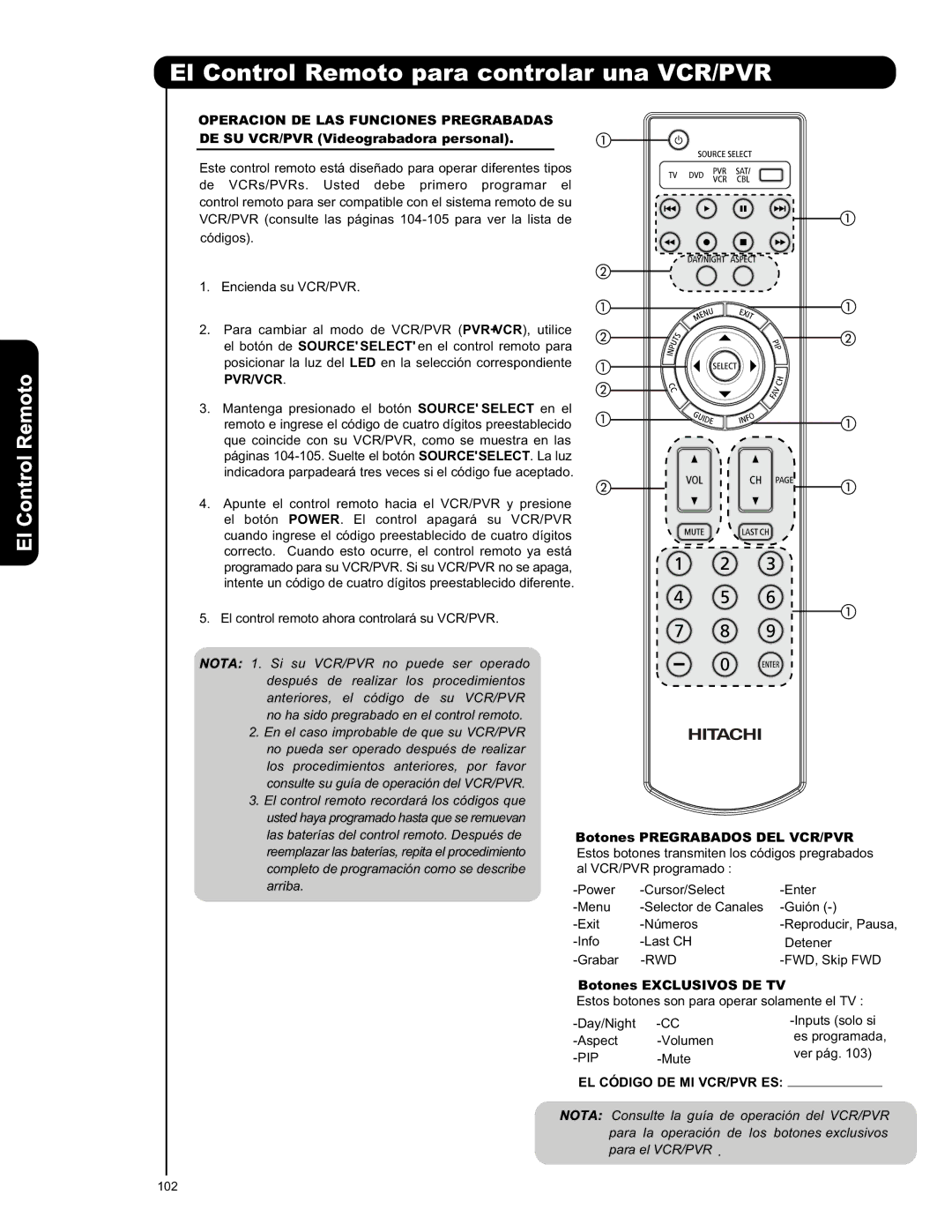 Hitachi L42V651, L47V651 El Control Remoto para controlar una VCR/PVR, Operacion DE LAS Funciones Pregrabadas, Pvr/Vcr 