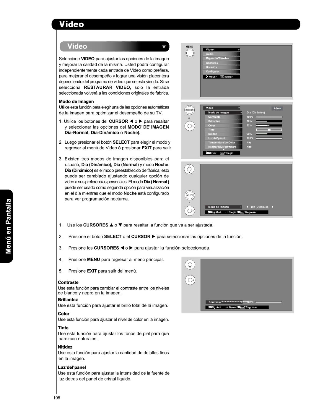 Hitachi L42V651, L47V651 important safety instructions Pantalla, Menú en 