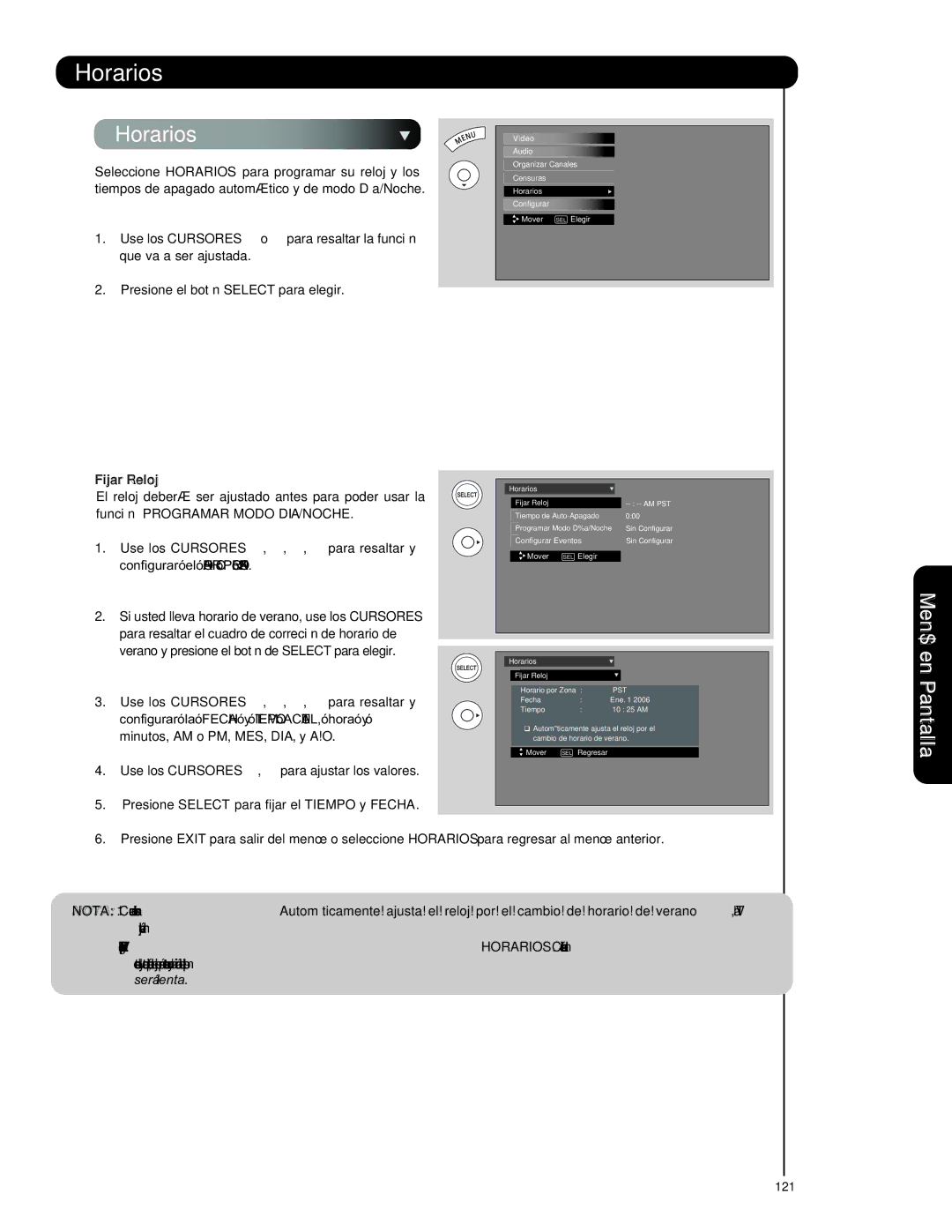 Hitachi L47V651, L42V651 important safety instructions Horarios, Fijar Reloj 