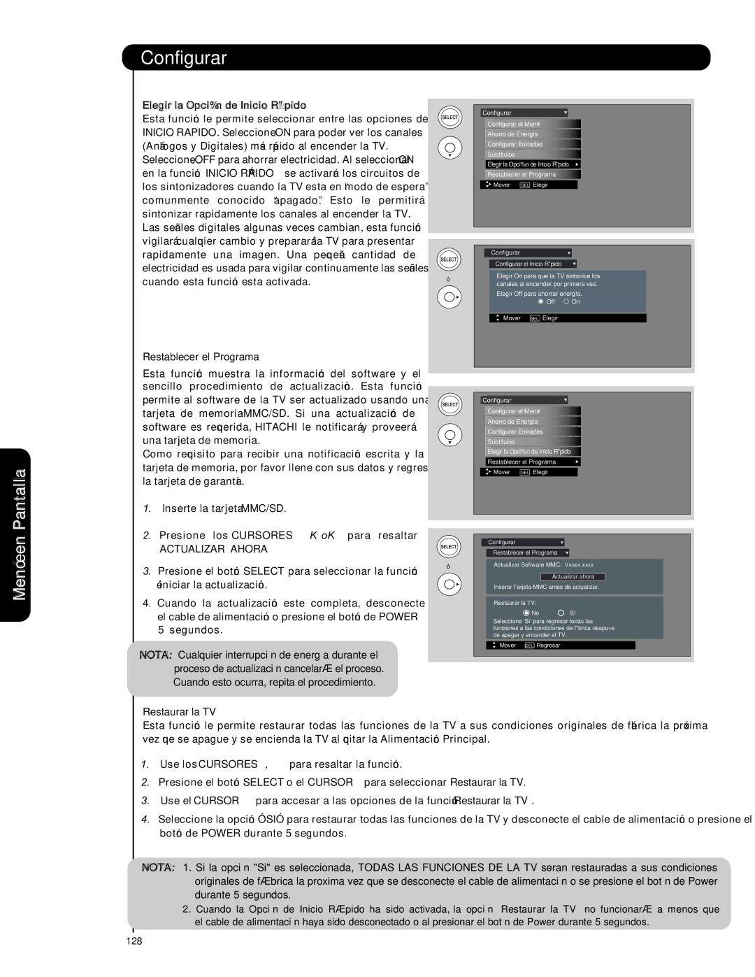 Hitachi L42V651, L47V651 Elegir la Opción de Inicio Rápido, Restablecer el Programa, Actualizar Ahora, Restaurar la TV 