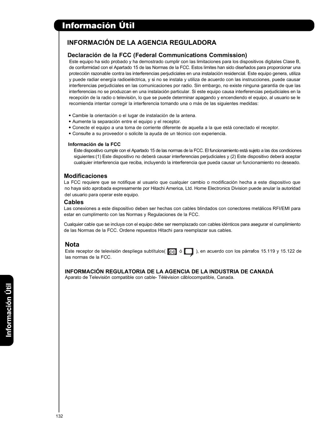 Hitachi L42V651, L47V651 important safety instructions Información DE LA Agencia Reguladora, Información de la FCC 