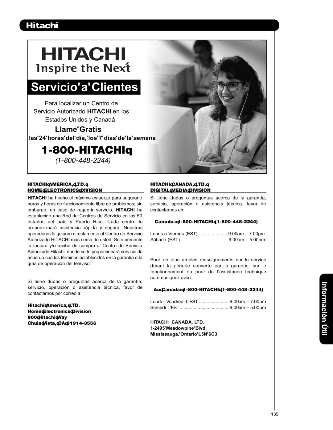 Hitachi L47V651, L42V651 important safety instructions Servicio a Clientes, Canadá 1-800-HITACHI 