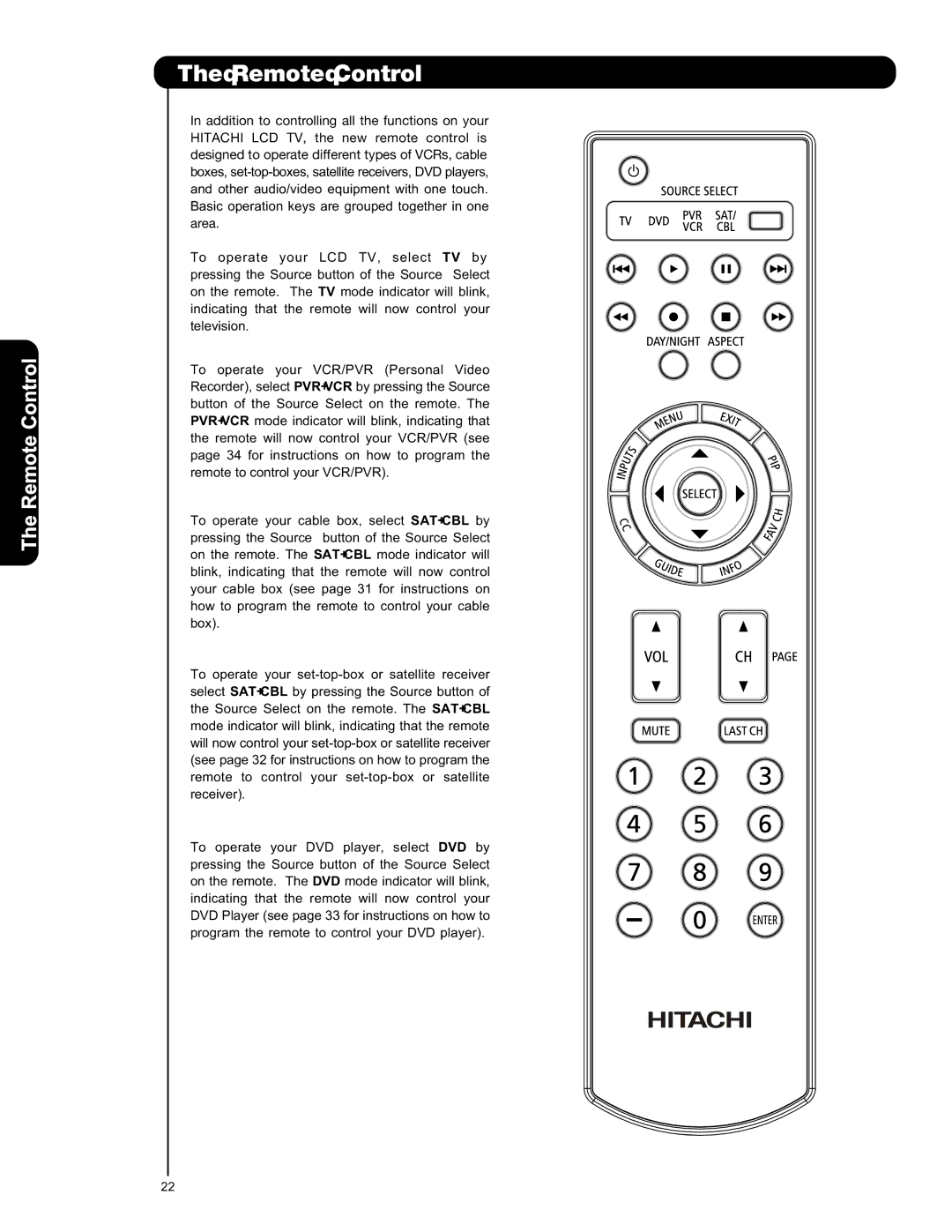 Hitachi L42V651, L47V651 important safety instructions Remote Control 