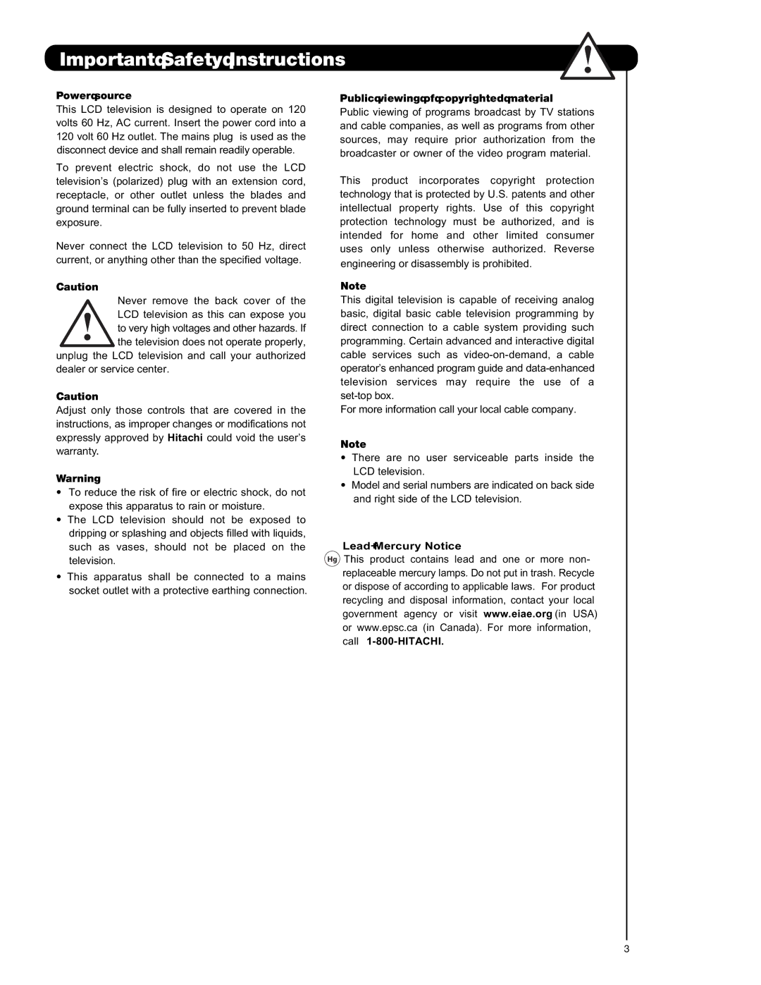 Hitachi L47V651, L42V651 Power source, Public viewing of copyrighted material, Lead/Mercury Notice 