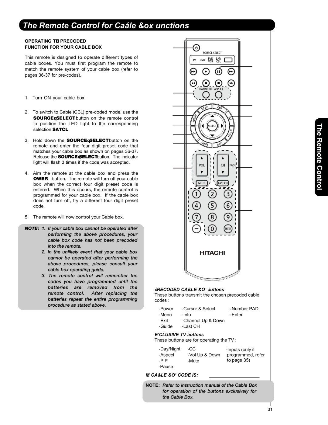 Hitachi L47V651, L42V651 Remote Control for Cable Box Functions, Operating the Precoded Function for Your Cable BOX 