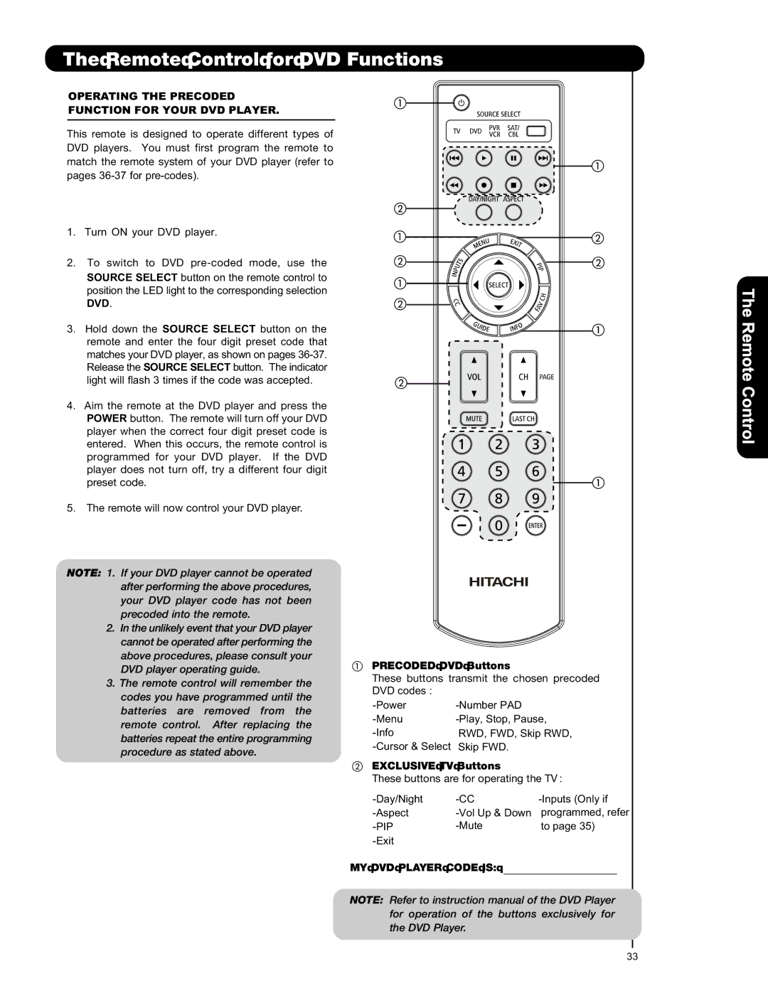 Hitachi L47V651, L42V651 Remote Control for DVD Functions, Operating the Precoded Function for Your DVD Player 