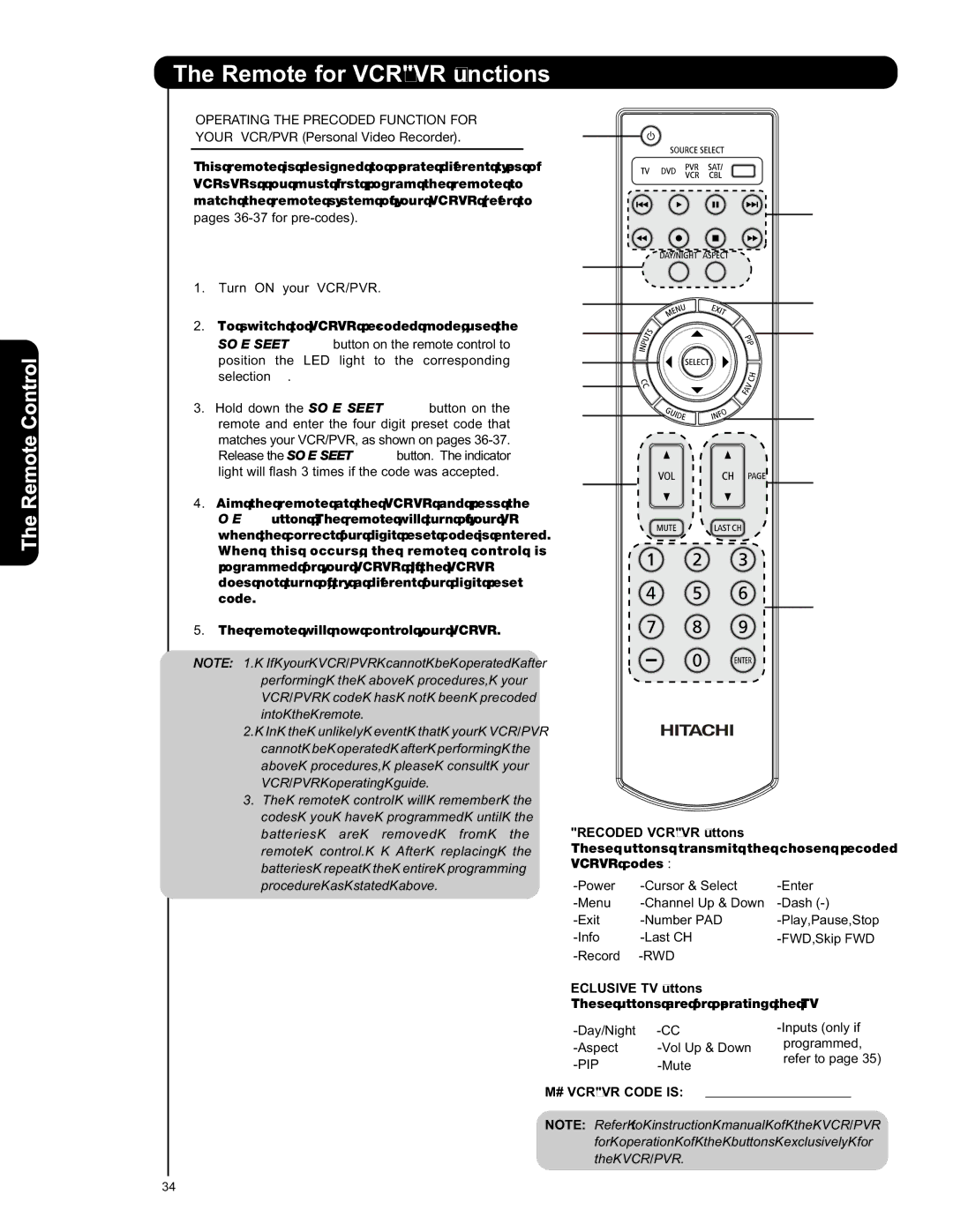 Hitachi L42V651, L47V651 important safety instructions Precoded VCR/PVR Buttons, MY VCR/PVR Code is 