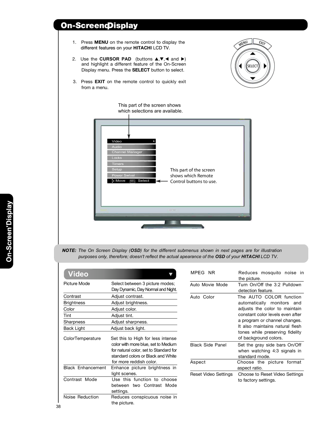 Hitachi L42V651, L47V651 important safety instructions On-Screen Display, Different features on your Hitachi LCD TV 