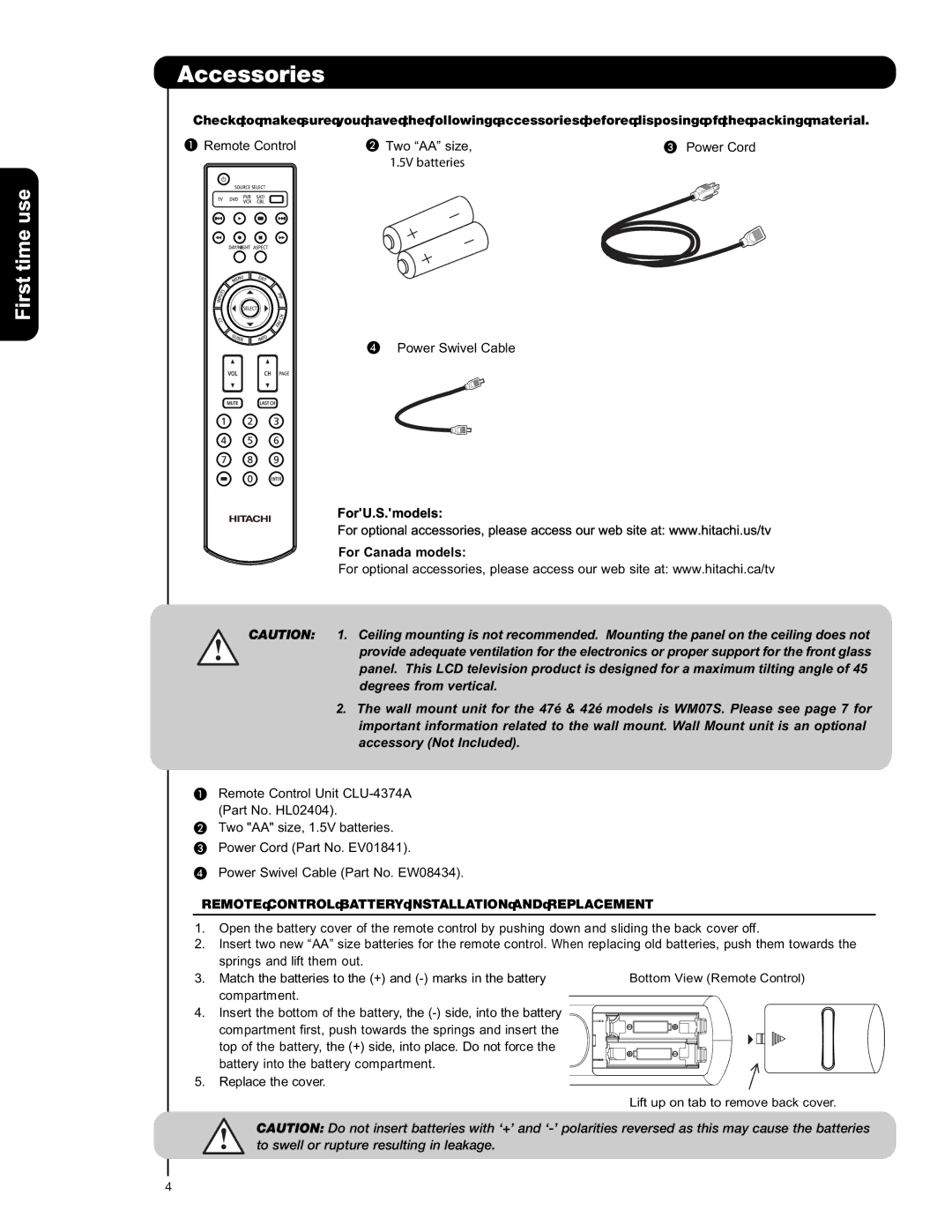 Hitachi L42V651, L47V651 important safety instructions Accessories, First time use, For U.S. models For Canada models 