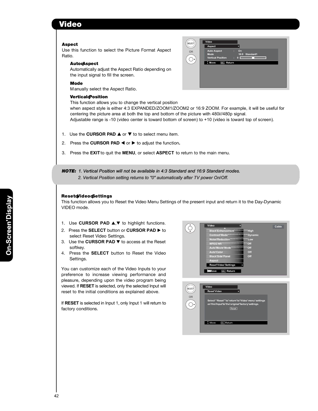 Hitachi L42V651, L47V651 important safety instructions Auto Aspect, Mode, Vertical Position, Reset Video Settings 