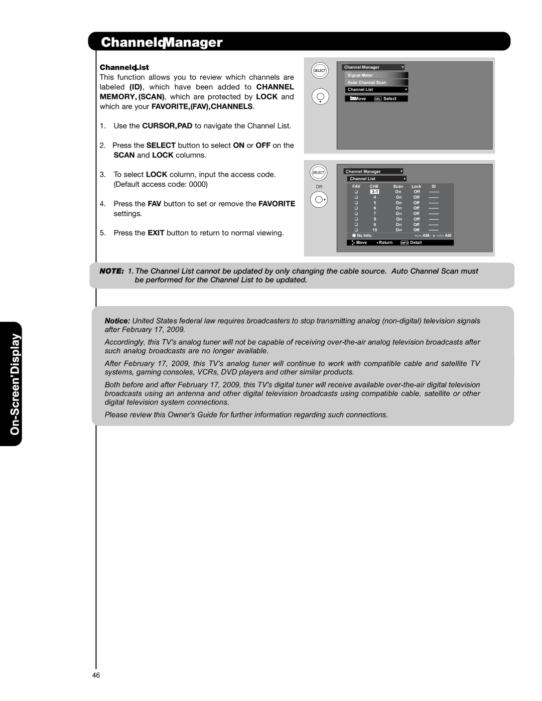 Hitachi L42V651, L47V651 important safety instructions Channel List 