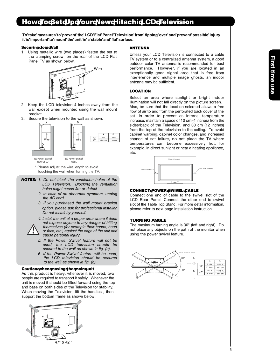 Hitachi L47V651, L42V651 How To Set Up Your New Hitachi Television, Antenna, Location, Connect Power Swivel Cable 