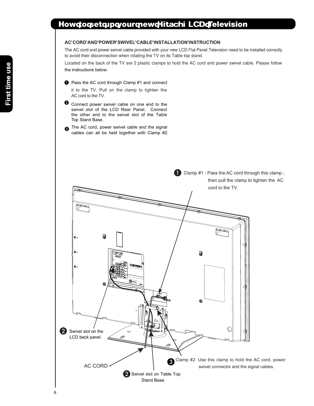 Hitachi L42V651, L47V651 How to set up your new H Television, AC Cord and Power Swivel Cable Installation Instruction 