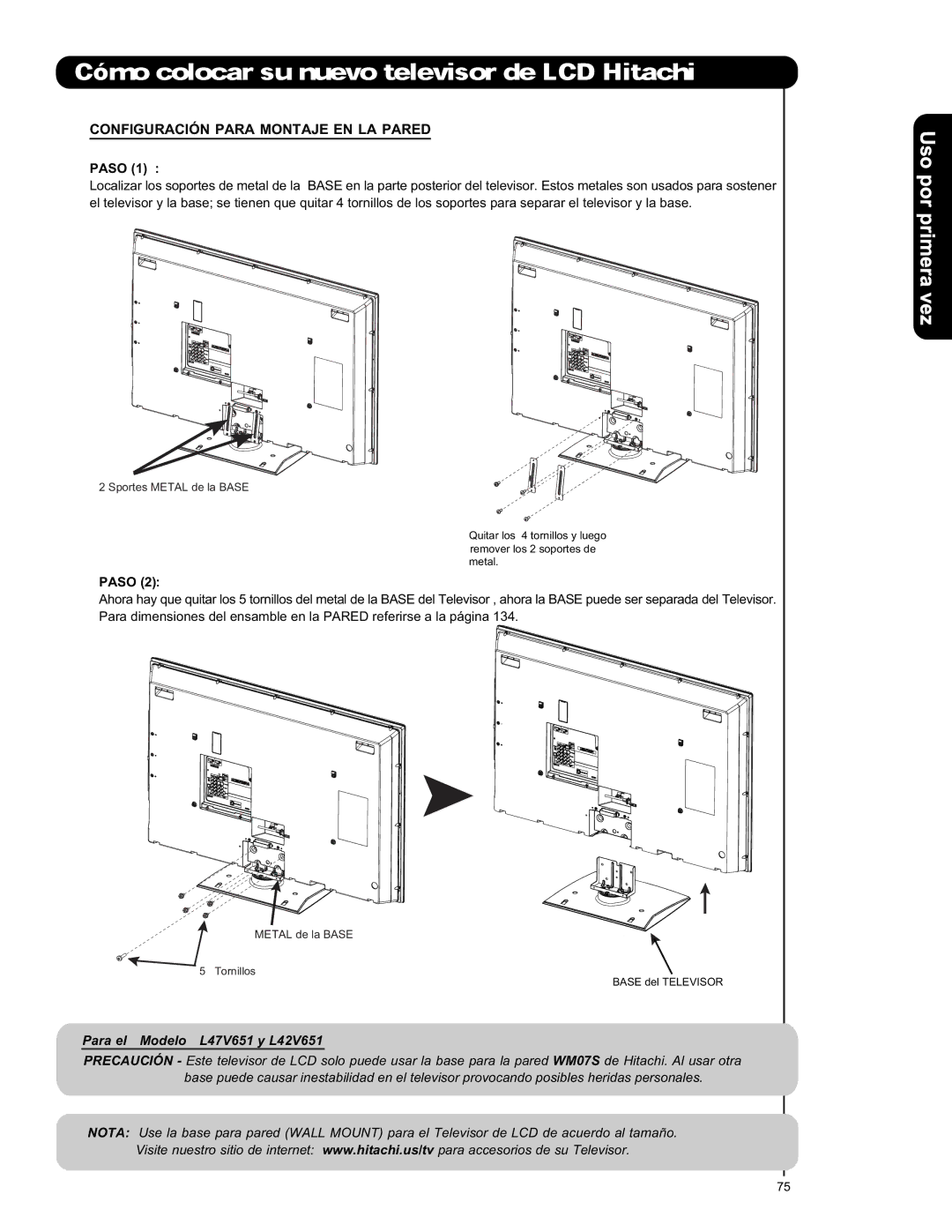 Hitachi L47V651, L42V651 important safety instructions Configuración Para Montaje EN LA Pared, Paso 