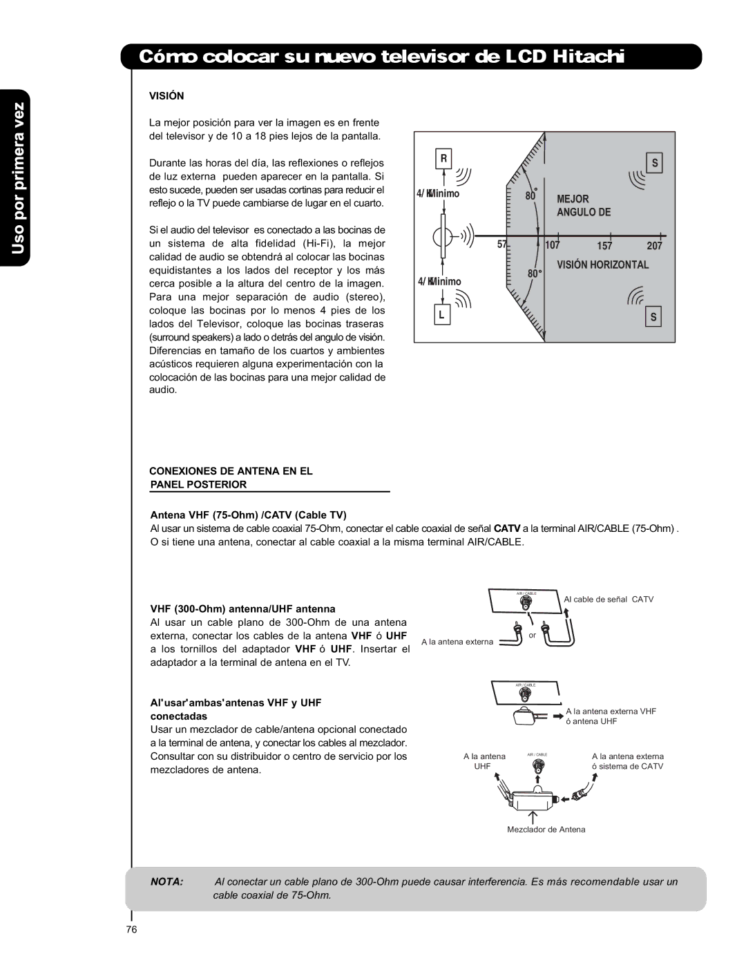 Hitachi L42V651, L47V651 Visión, Conexiones DE Antena EN EL Panel Posterior, Antena VHF 75-Ohm /CATV Cable TV, Conectadas 